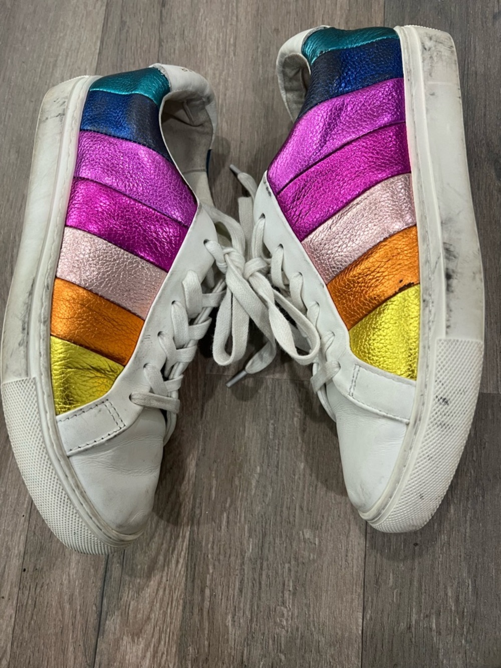 Kurt Geiger White Leather Sneakers with Rainbow Metallic Stripes